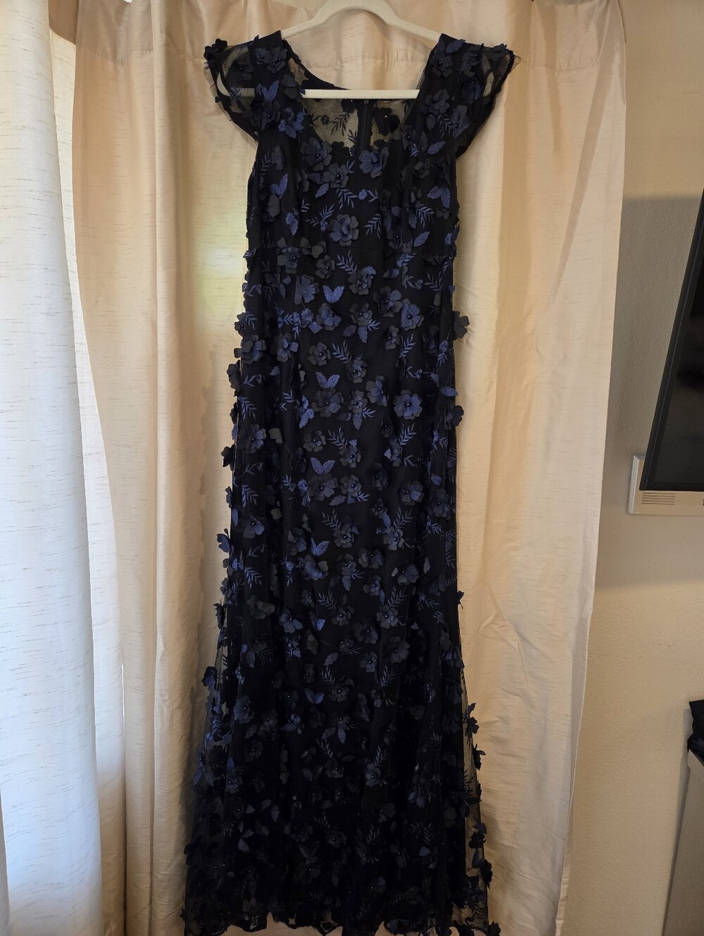 Carmen Marc Valvo Black Dress with Blue Floral Appliqué